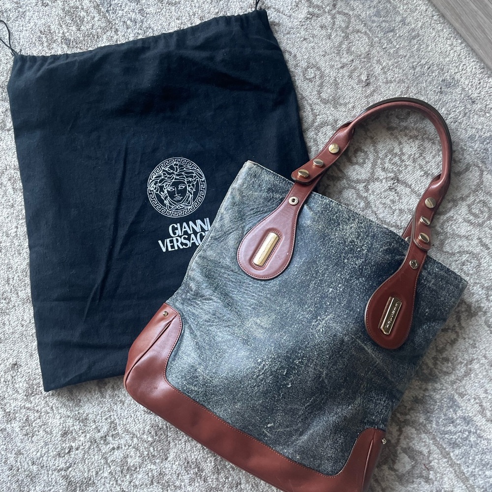 Gianni Versace Denim and Leather Tote Bag